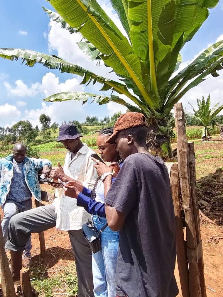 Farmers checking AgriAI on a phone in the field